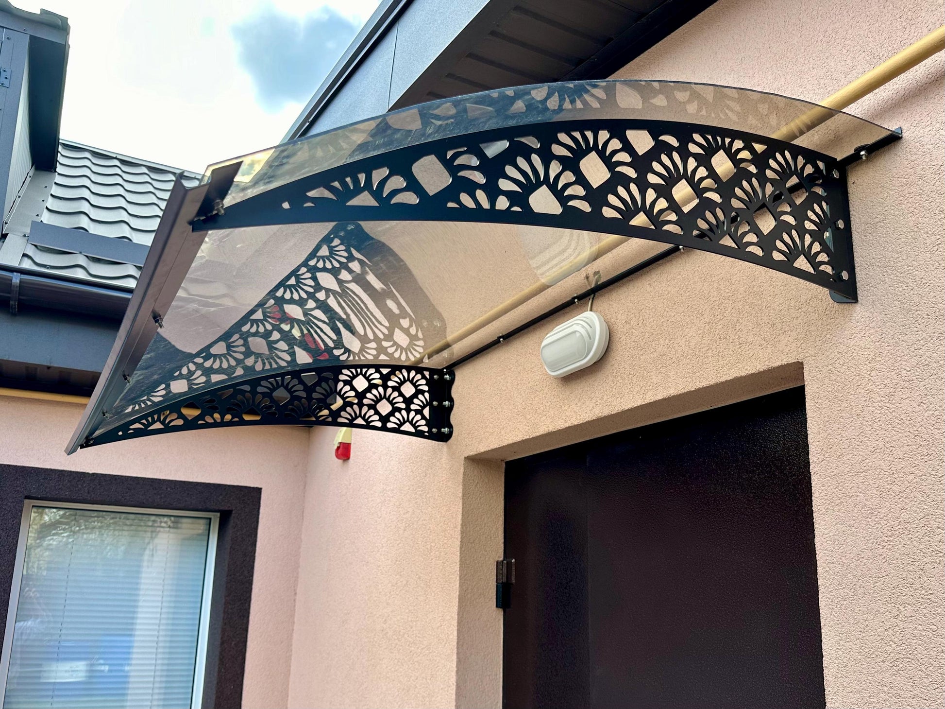 Metal Porch Awning with Floral Lace Supports — 2