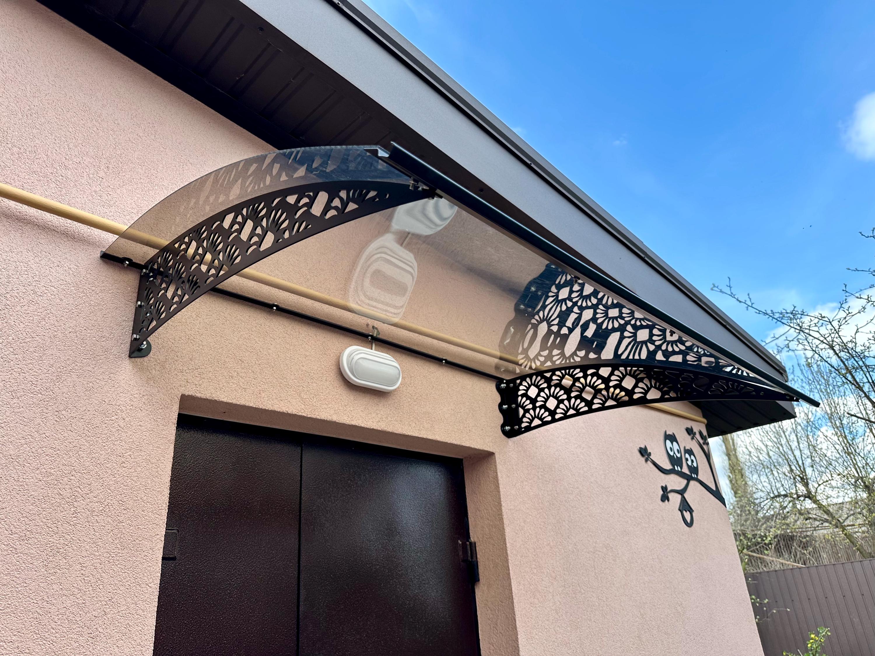 Metal Porch Awning with Floral Lace Supports — 3