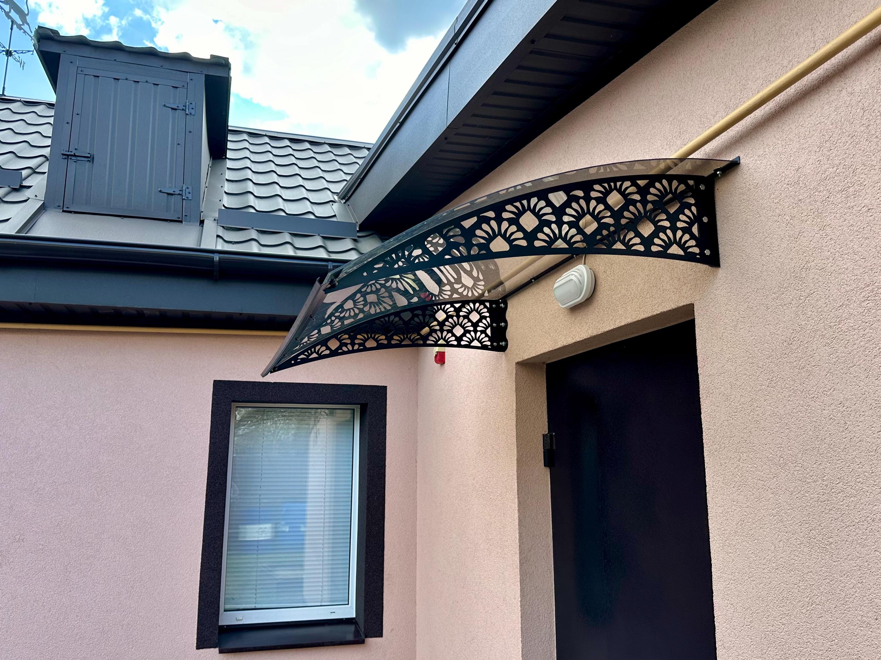 Metal Porch Awning with Floral Lace Supports
