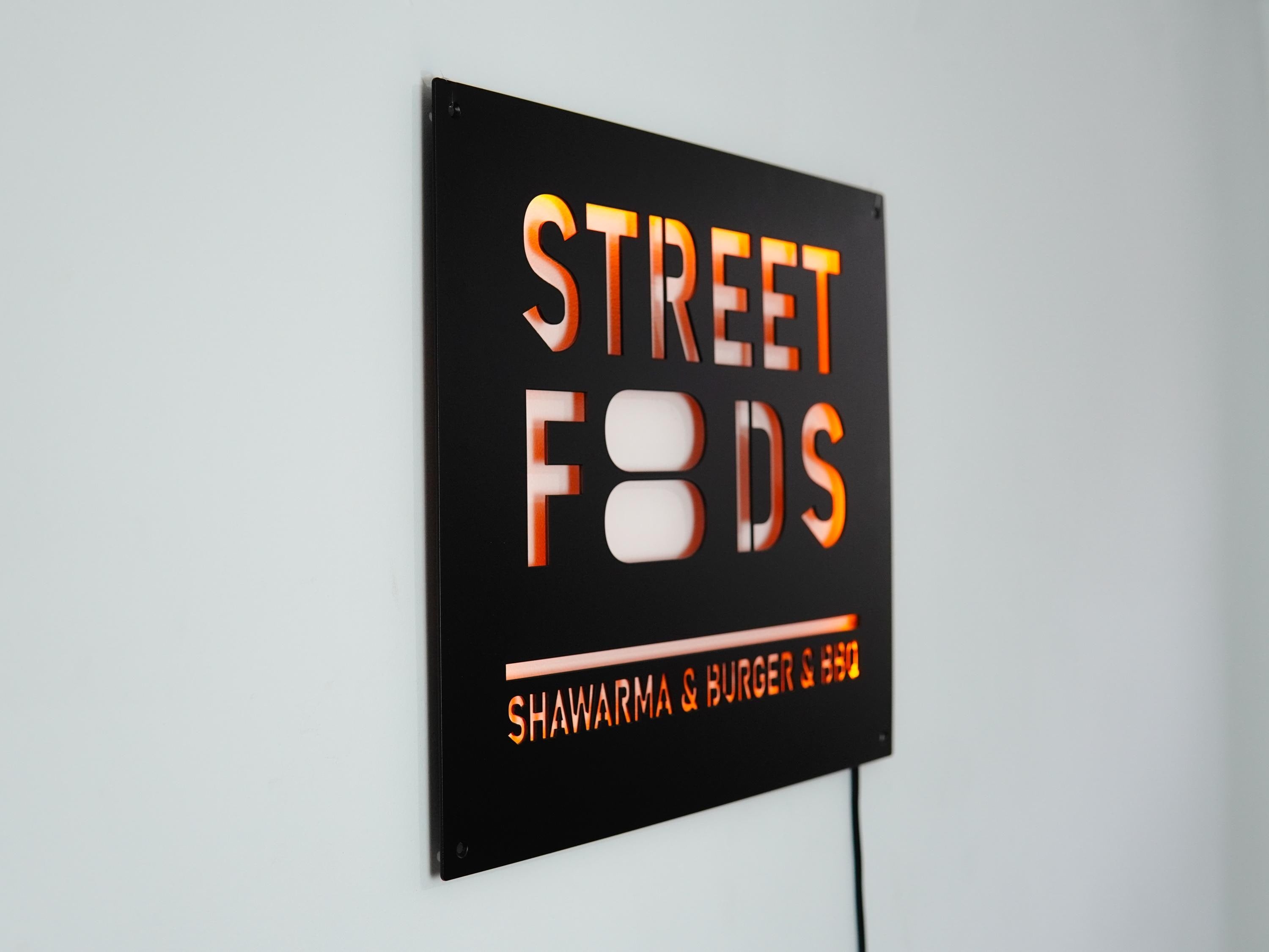 Street Food Custom LED signage made from metal in a rectangular shape