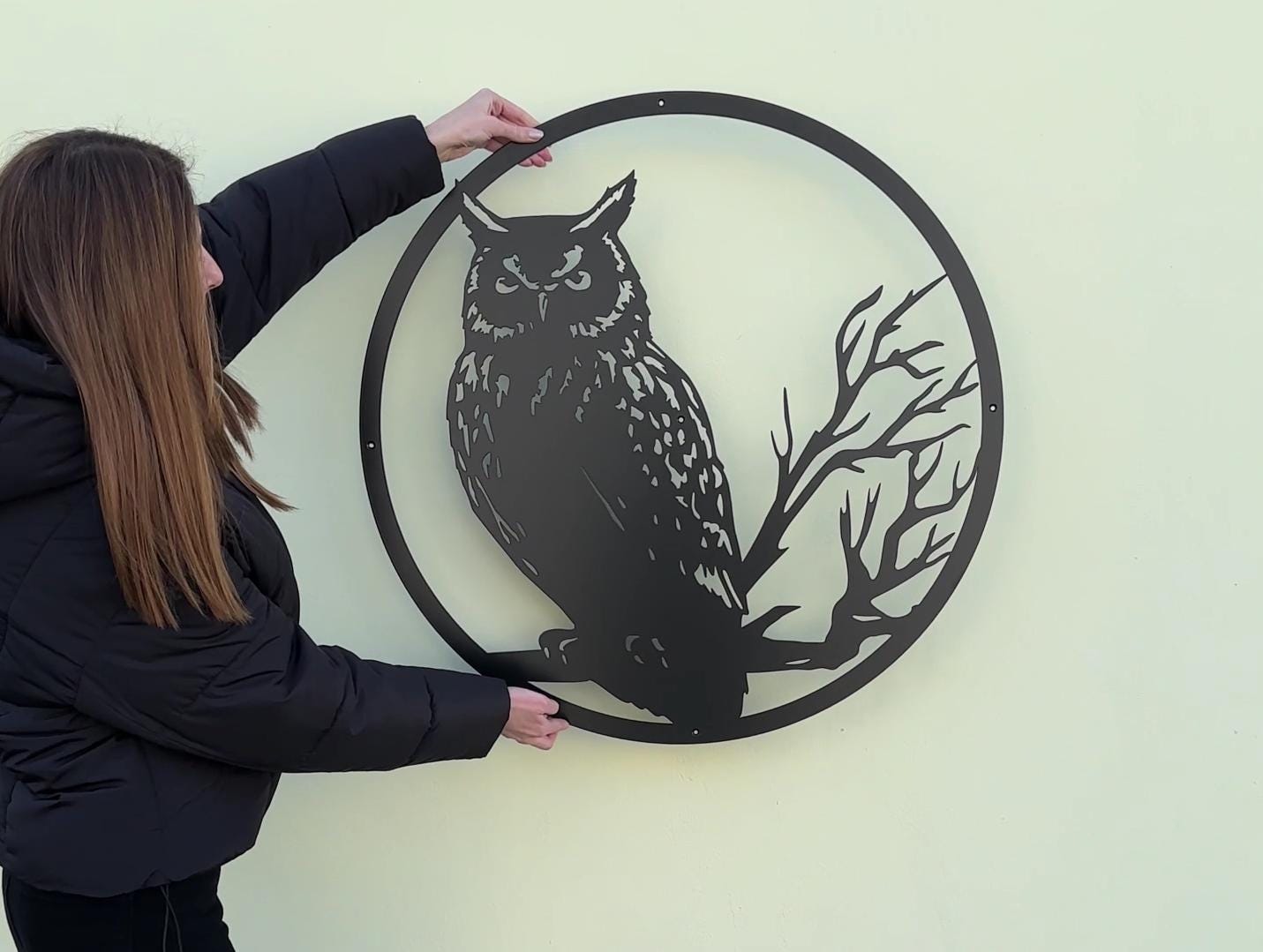 Owl on Branch Wisdom Symbol Black Metal Wall Art Bird Silhouette