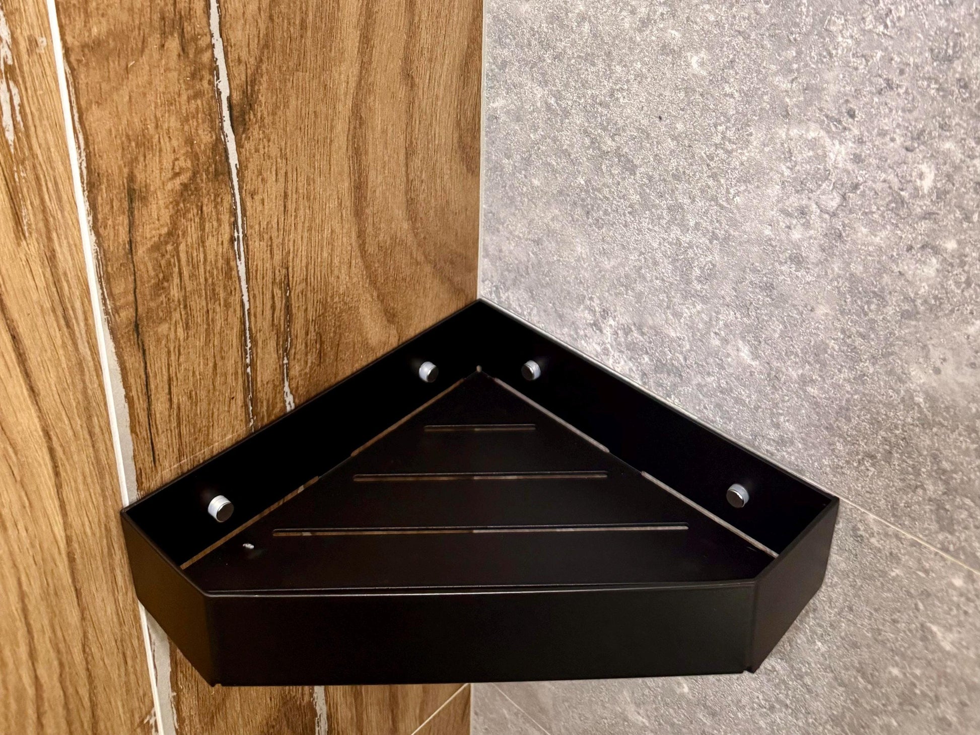 Corner Aluminum Floating Shelf for Bathroom With Towel Holder and Hook — 5