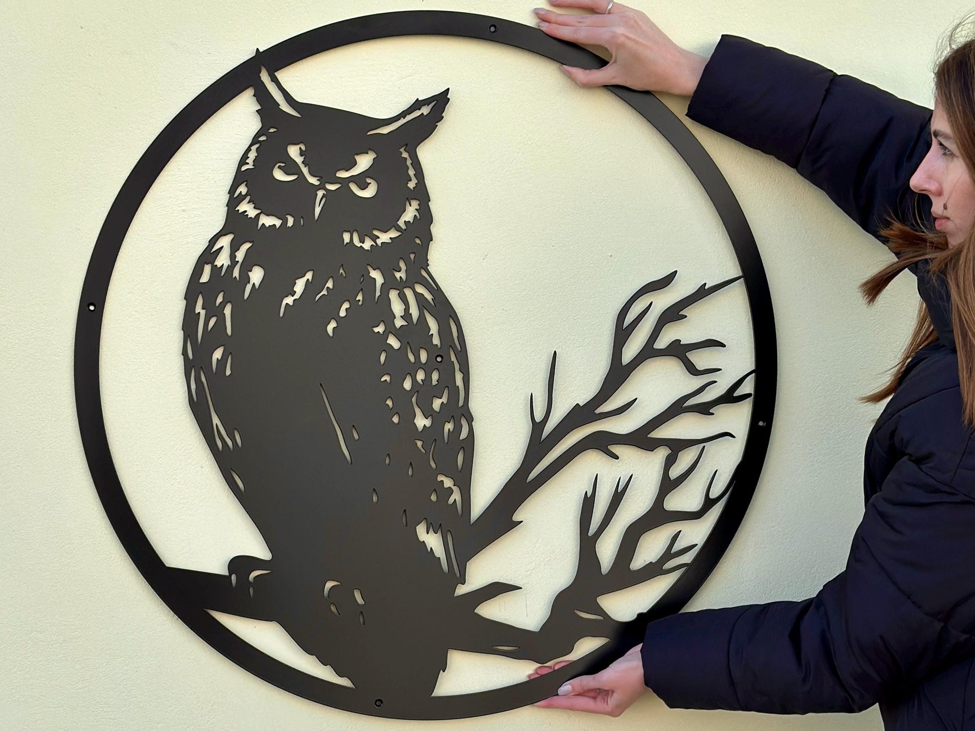 Owl on Branch Wisdom Symbol Black Metal Wall Art Bird Silhouette — 2