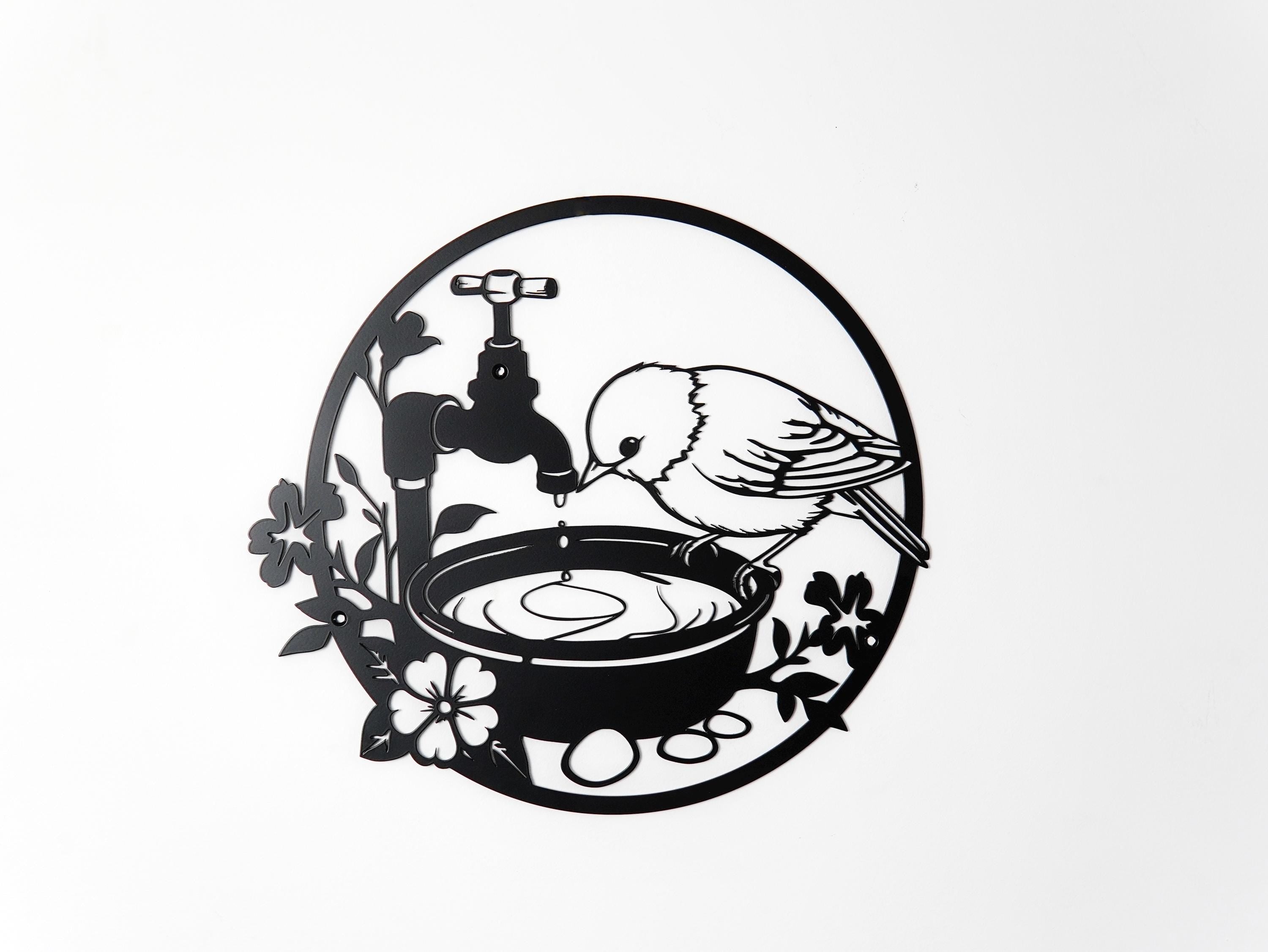 Bird Wall Art Drinking from Waterer Silhouette