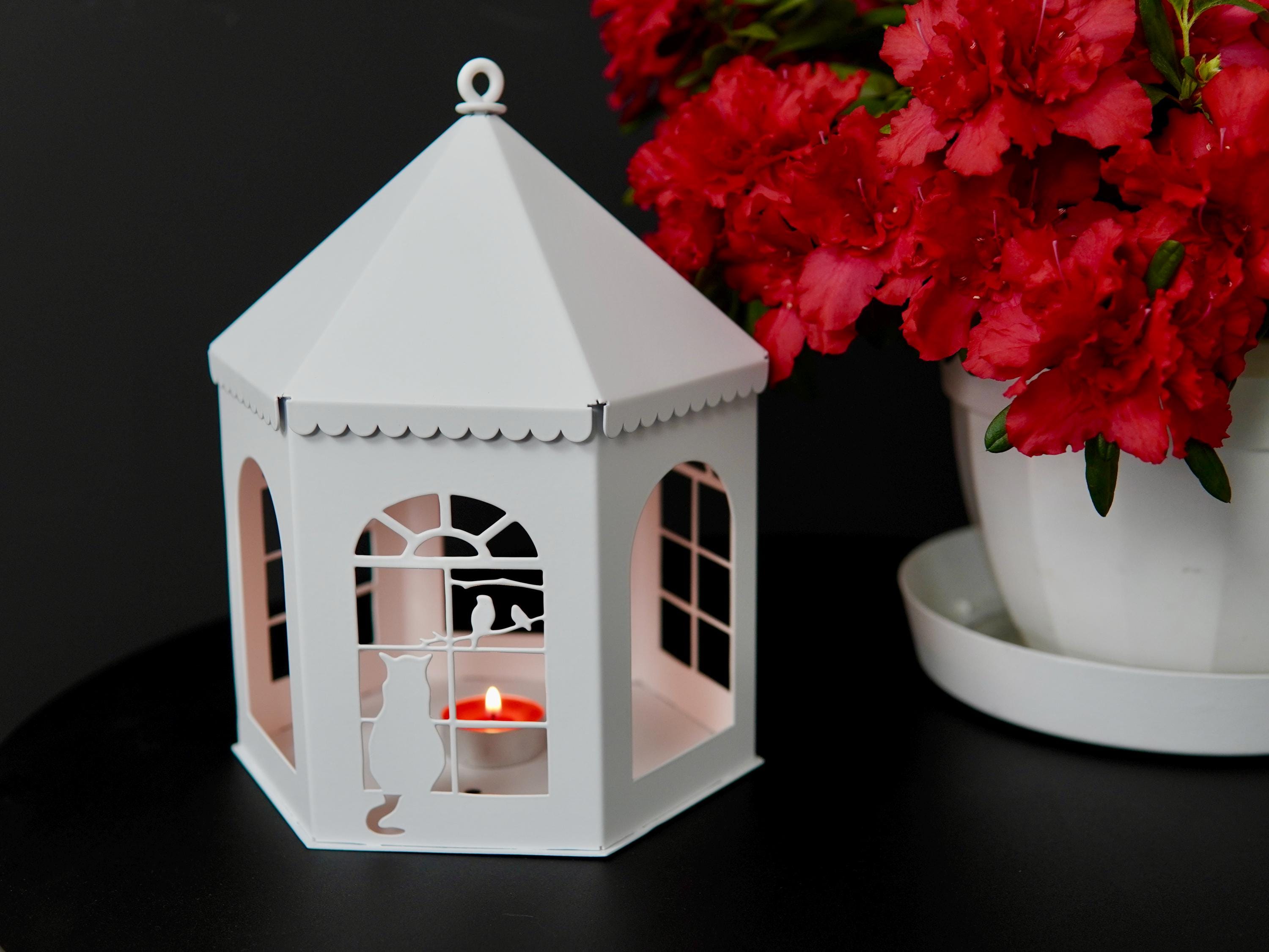 Metal Lantern with Cat and Birds